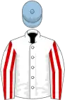 White, red striped sleeves, light blue cap