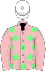 Pink, light green spots, pink sleeves, white cap