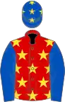 Red, yellow stars, royal blue sleeves, royal blue cap, yellow stars