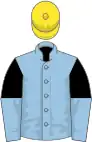 Light blue, black and light blue halved sleeves, yellow cap