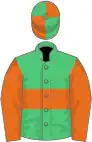 Emerald green, orange hoop, orange sleeves, quartered cap