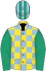 Yellow and light blue check, emerald green sleeves, emerald green and light blue striped cap