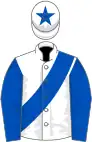 White, royal blue sash and sleeves, star on cap