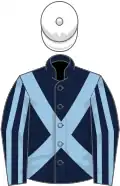 Dark blue, light blue cross-belts, light blue sleeves, dark blue striped, white cap