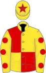 Yellow and red (quartered), yellow sleeves, red spots, yellow cap, red star