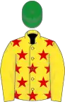 Yellow, red stars on body, emerald green cap