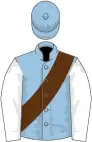 Light blue, brown sash, white sleeves, light blue cap