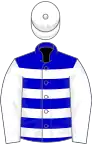 Blue and white hoops, white sleeves and cap