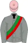 Grey, green and red sash, pink cap