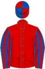 Red, royal blue striped sleeves, quartered cap