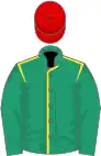 Emerald green, yellow seams, green sleeves,red cap