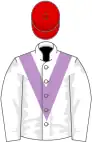 White, mauve chevron, white sleeves, red cap