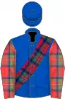 Royal blue, tartan sash and sleeves, royal blue cap