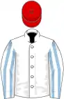 White, light blue striped sleeves, red cap