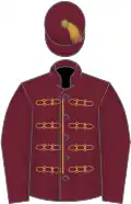 Claret, gold braid, claret sleeves, claret cap, silver peak