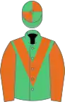 Emerald green, orange chevron and sleeves, quartered cap