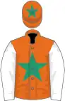 Orange, emerald green star, white sleeves, orange cap, emerald green star