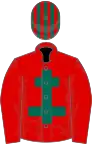 Red, dark green cross of lorraine, striped cap