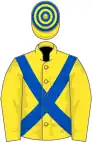 Yellow, royal blue cross sashes, hooped cap