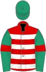 Red, white hoops, emerald green sleeves, red armlets, emerald green cap