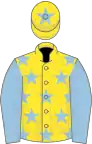 Yellow, light blue stars and sleeves, yellow cap, light blue star