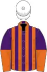 Orange, purple striped, purple and orange halved sleeves, white cap