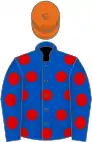 Royal blue, red spots, orange cap