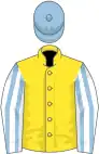 Yellow, white and light blue striped sleeves, light blue cap