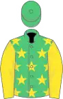 Emerald green, yellow stars, yellow sleeves, emerald green cap