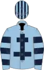 Light blue, dark blue cross of Lorraine, hooped sleeves, striped cap