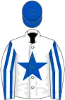 White, royal blue star, striped sleeves, royal blue cap