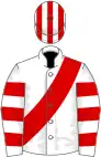 White, red sash, hooped sleeves, striped cap