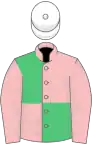 Pink and emerald green (quartered), white cap