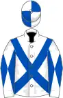 White, royal blue cross belts, diabolo on sleeves, quartered cap