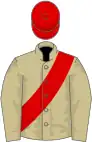 Beige, red sash and cap