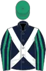 Dark blue, white cross belts, dark blue and emerald green striped sleeves, emerald green cap