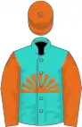 Turquoise, orange rising sun, sleeves and cap