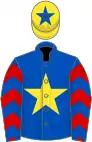 Royal blue, yellow star, red and yellow chevrons on sleeves, yellow cap, royal blue star