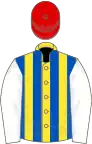 Yellow and royal blue stripes, white sleeves, red cap