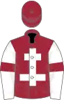 Maroon, white cross of lorraine, white sleeves, maroon armlets