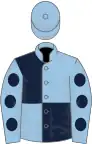 Light blue and dark blue (quartered), light blue sleeves, dark blue spots, light blue cap