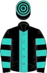 Black, turquoise stripe, hooped sleeves and cap