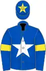 Royal blue, white star, royal blue sleeves, yellow armlets and star on royal blue cap