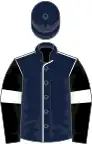 Dark blue, white seams, black sleeves, white armlets, dark blue cap