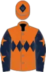 Orange, dark blue triple diamond, dark blue sleeves, orange stars, orange cap, dark blue diamond