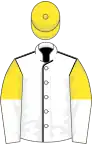 White, black seams, yellow and white halved sleeves, yellow cap