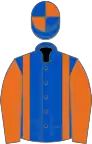 Royal blue, orange braces and sleeves, quartered cap