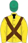 Yellow, brown cross sashes, emerald green cap