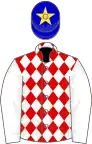 Red and white diamonds, white sleeves, blue cap, yellow star