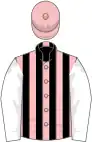 Pink and black stripes, white sleeves, pink cap